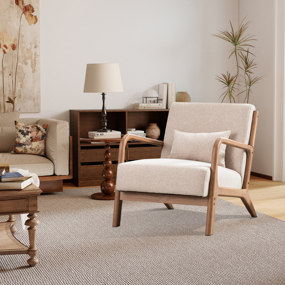 Hertford 26" Wide Mid Century Upholstered Solid Wood Accent Chair with an Extra Pillow